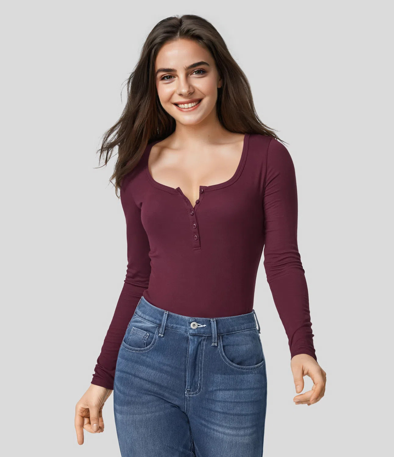 Damen Geripptes, langärmliges, schmales T-shirt mit Henley-Ausschnitt - Halara | Halara - DE