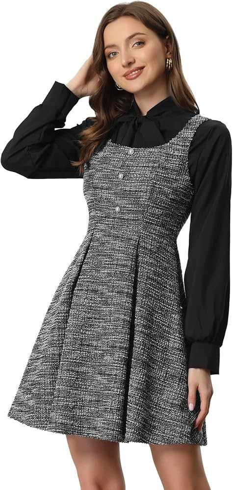 Allegra K Tweed Dress for Women's Sleeveless Plaid A-Line Pinafore Overall Dress | Amazon (US)