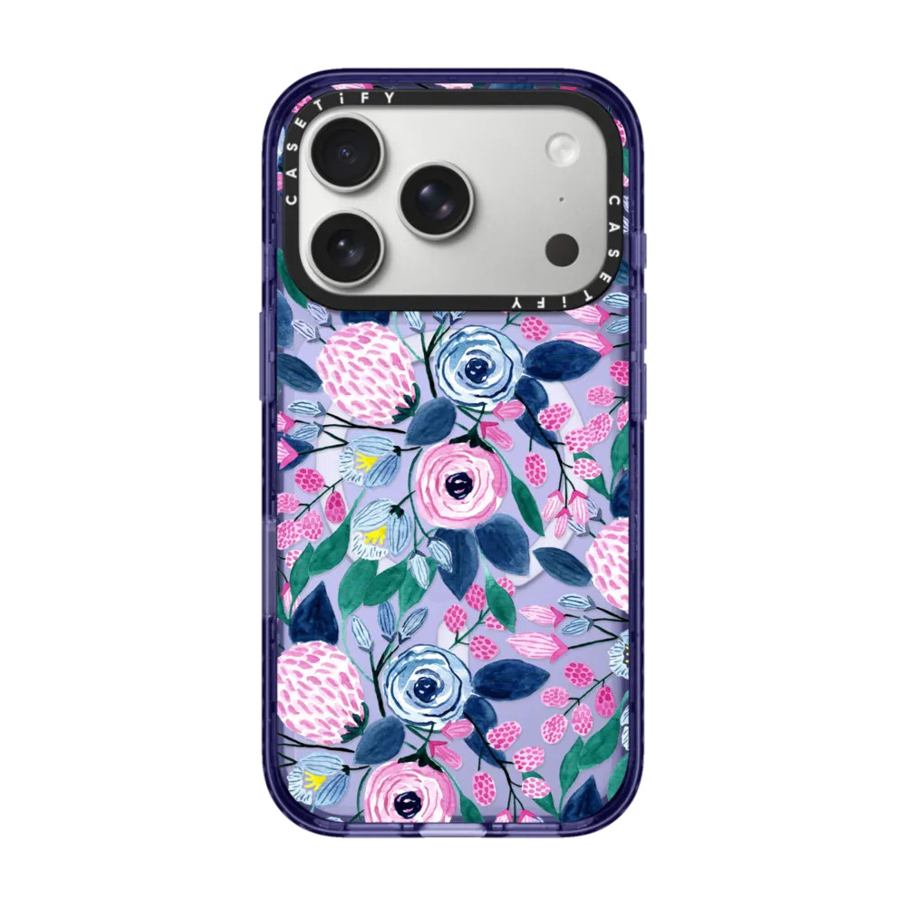 Impact iPhone 17 Pro Case MagSafe Compatible - Girly Pink Navy Blue Watercolor Flowers Roses Leaves Pattern Clear | CASETiFY (Global)
