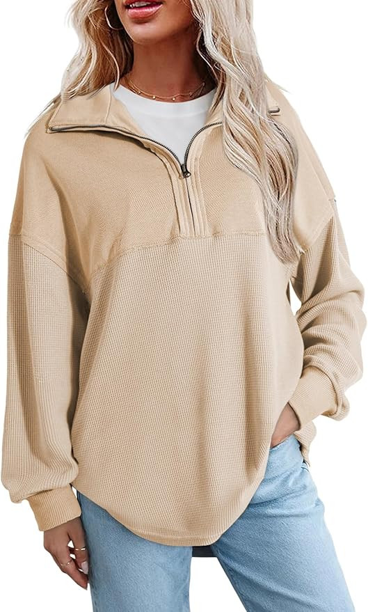 SHEWIN Womens Fall Sweatshirt Casual Waffle Knit Half Zip Pullover Loose Long Sleeve Tops | Amazon (US)