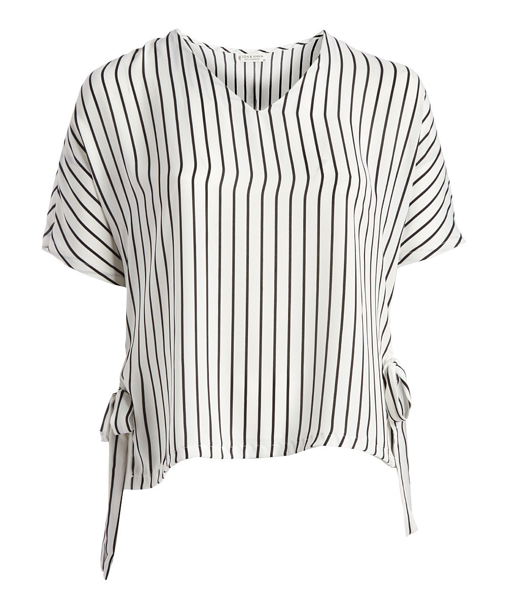 jon & anna Women's Blouses White - White Pinstripe Side-Tie Hi-Low Top - Plus | Zulily