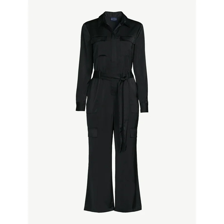 Scoop Women's Wide Leg Satin Jumpsuit with Cargo Pockets, Sizes XS-2XL | Walmart (US)