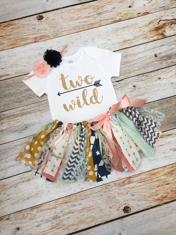 Second Birthday Coral Mint Navy and Gold 'Two Wild' Birthday Outfit with Headband, Two Wild Secon... | Etsy (US)