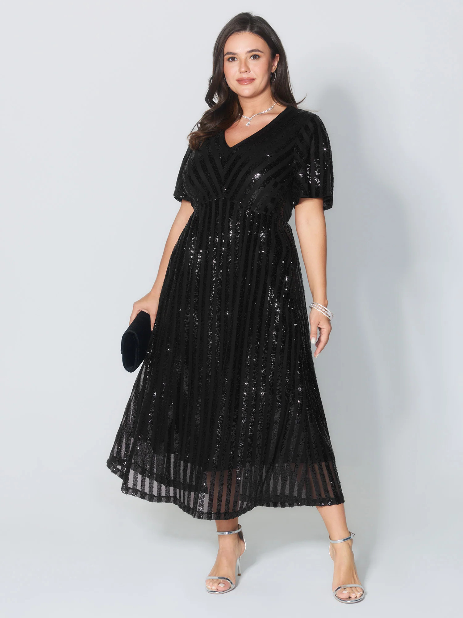 Shimmery Sequin V-Neck Midi Dress | Bloomchic