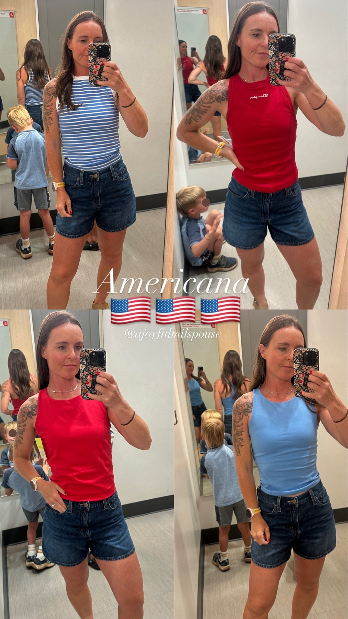 Because you can always use more ❤️💙🇺🇸
Top left stripes - med
Top right Champion - med
Bottom left red - med
Bottom right blue - small