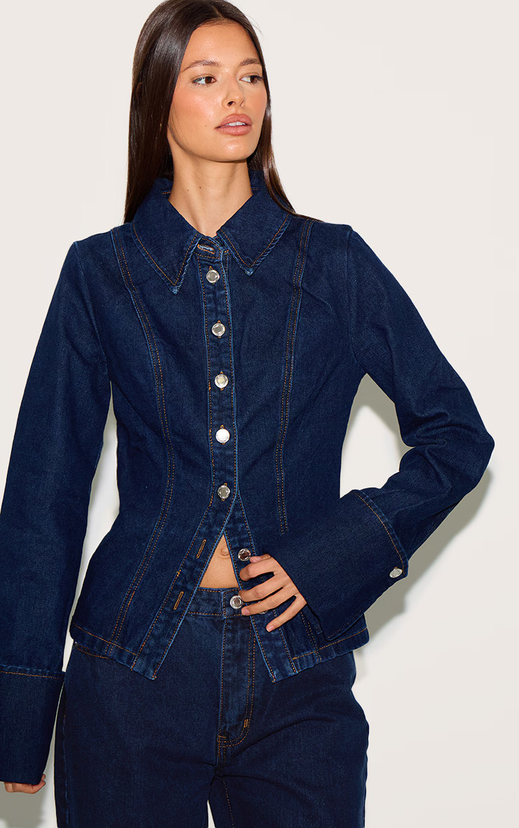 Indigo Long Sleeve Cinch Waist Denim Shirt | PrettyLittleThing UK