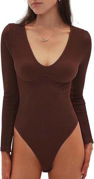 Womens Sexy V Neck Bodysuit Basic Ribbed Long Sleeve Shirt Fall Tops | Amazon (US)