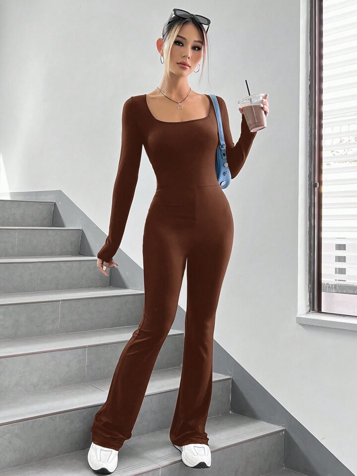 SHEIN EZwear Square Neck Flare Leg Jumpsuit | SHEIN