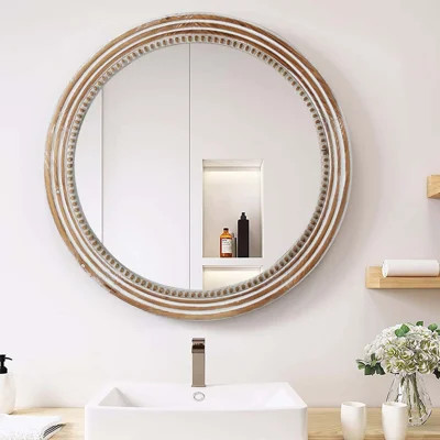 Rustic Round Wall Mirror, 23.62 Inches Wood Circle Mirror with Beads, Decorative Farmhouse Mirror for Living Room, Bedroom, Kitchen, Entryway (White) | Wayfair North America