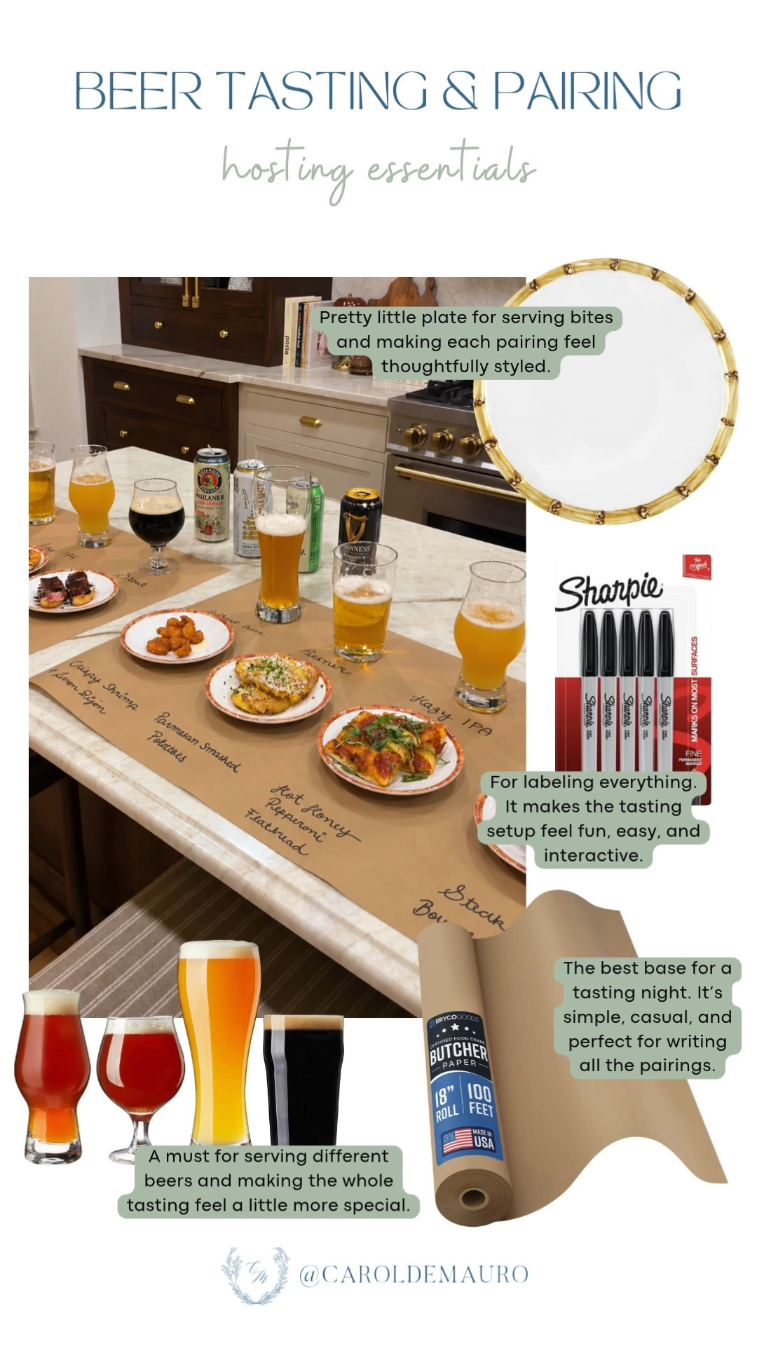 Such a fun way to host! Butcher paper for labeling pairings, a pretty bamboo plate, and a set of different shaped glasses make the whole tasting feel interactive and easy.

beer tasting party, hosting essentials, dinner party idea, date night idea, party setup, craft beer pairing, entertaining ideas, kitchen island hosting

#LTKfoodie #LTKHome