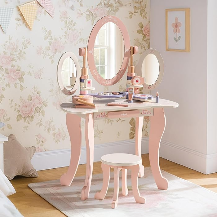 ROBUD Kids Vanity Table and Chair Set, Pink Girls Vanity with 11Pcs Accessories, Pretend Play Kid... | Amazon (US)