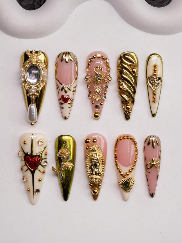 Handmade Almond-Shaped Nail Tips, Y2K Retro Style, Fit For Spring & Summer, Bare, Gold, White Colored With French Edge, Asymmetrical Metallic Liquid Pattern, Beads, Gold Rose, Saint Emblem, Bead Decor, Purely Handcrafted, Suitable For Women & Girls, Party, Wedding, Daily Wear, 10pcs/Set With 3 Size Options, Comes With Tool Kit, Great Gift For Ladies & Girls | SHEIN