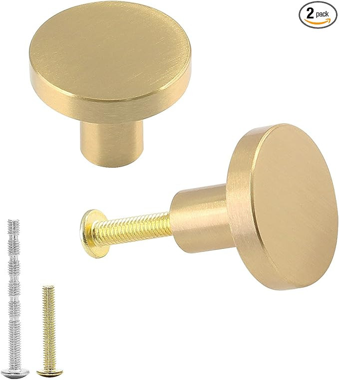 2 Pack 1 inch Cabinet Knobs with Mounting Screws, Solid Brass Drawer Knobs, Round Dresser Knobs, ... | Amazon (US)