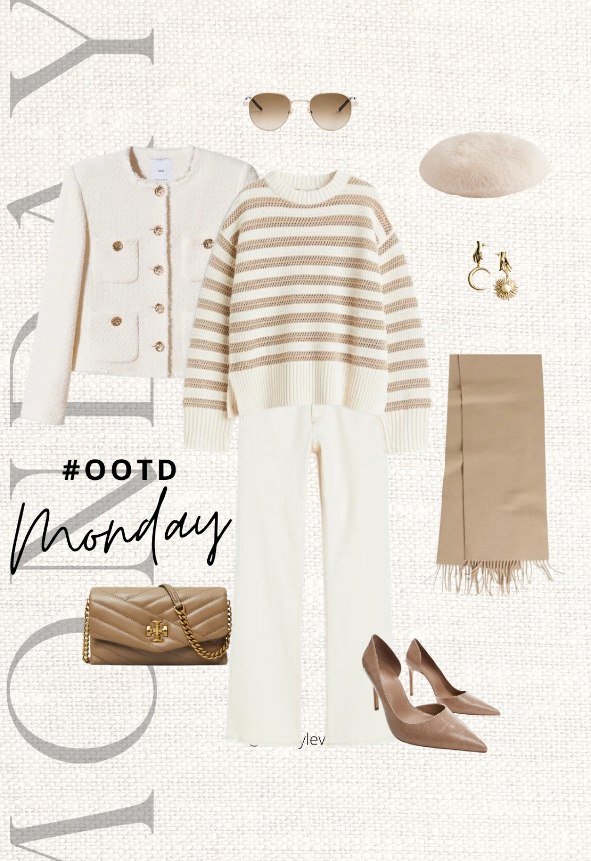 Happy Monday! Two of my favorite and one of my most sold pieces of last week; this striped sweater and cream flared jeans. I would size up on the sweater and size down on the jeans, the fabric is quite stretchy. Read the size guide/size reviews to pick the right size.

Leave a 🖤 to favorite this post and come back later to shop

#cream flared jeans #striped sweater #tweed cream jacket #beige pumps #tan bag #shoulder bag #tory burch #spring outfit #spring look

#LTKSeasonal #LTKstyletip #LTKeurope