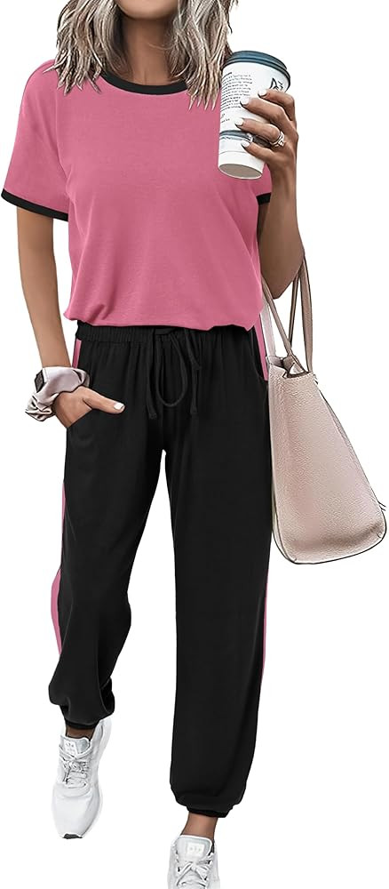 MASCOMODA Womens 2 Piece Outfits 2026 Summer Tracksuit Sets Short Sleeve Tops Travel Long Pants J... | Amazon (US)