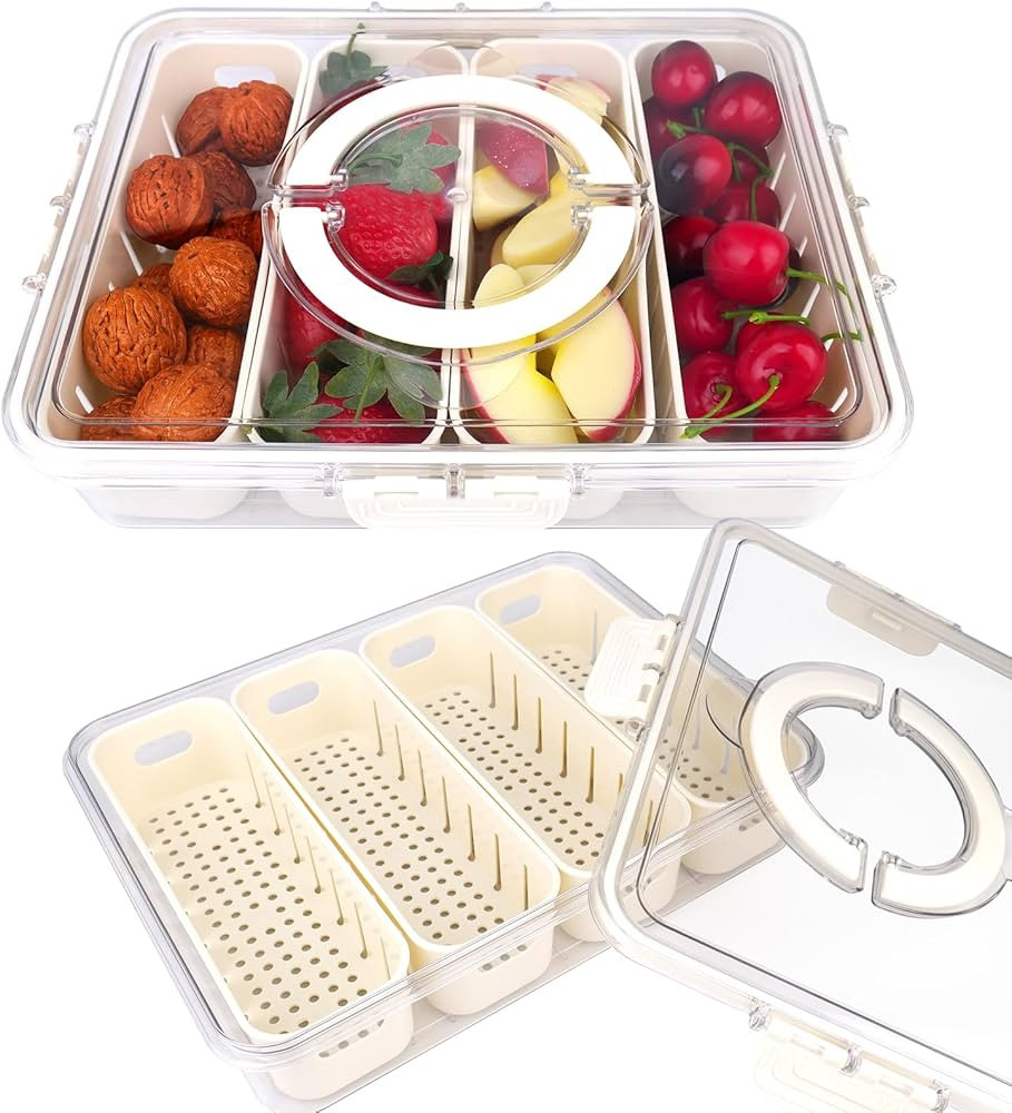 Veggie Tray Snackle Box Container: 4 Compartment Divided Serving Tray with Lid & Handle - Airtigh... | Amazon (US)