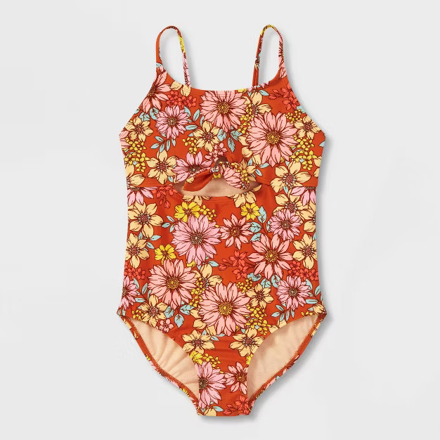 Girls' Floral Print One Piece Swimsuit - Cat & Jack™ Brown | Target