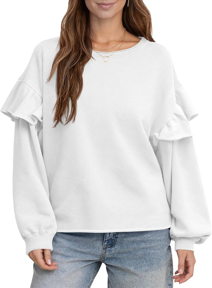 Fisoew Womens Crewneck Sweatshirts Fall Casual Ruffle Long Sleeve Roll Hem Loose Cropped Pullover... | Amazon (US)