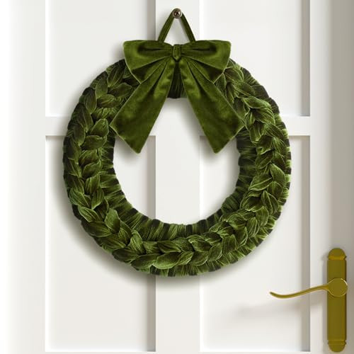 Barydat Christmas Velvet Wreath 14" Christmas Wreaths for Front Door Velvet Christmas Wreath Ornament with Bow for Christmas Party Table Fireplaces Walls Porch New Years Home Decoration (Olive Green) | Amazon (US)