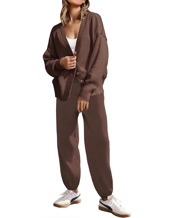 SAUKOLE Womens Two Piece Outfits Knit Sweater Sets Oversized Button Down Cardigan and Long Pants ... | Amazon (US)