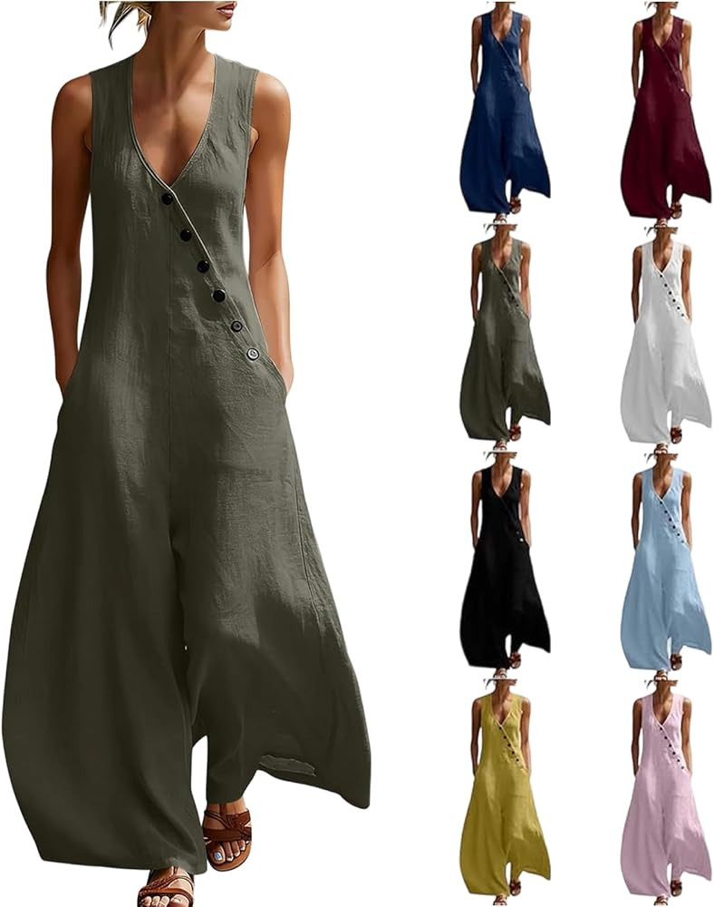 Jumpsuits For Women Casual Cotton Linen Button Rompers Wide Leg Casual Beach Overalls with Pocket... | Amazon (US)