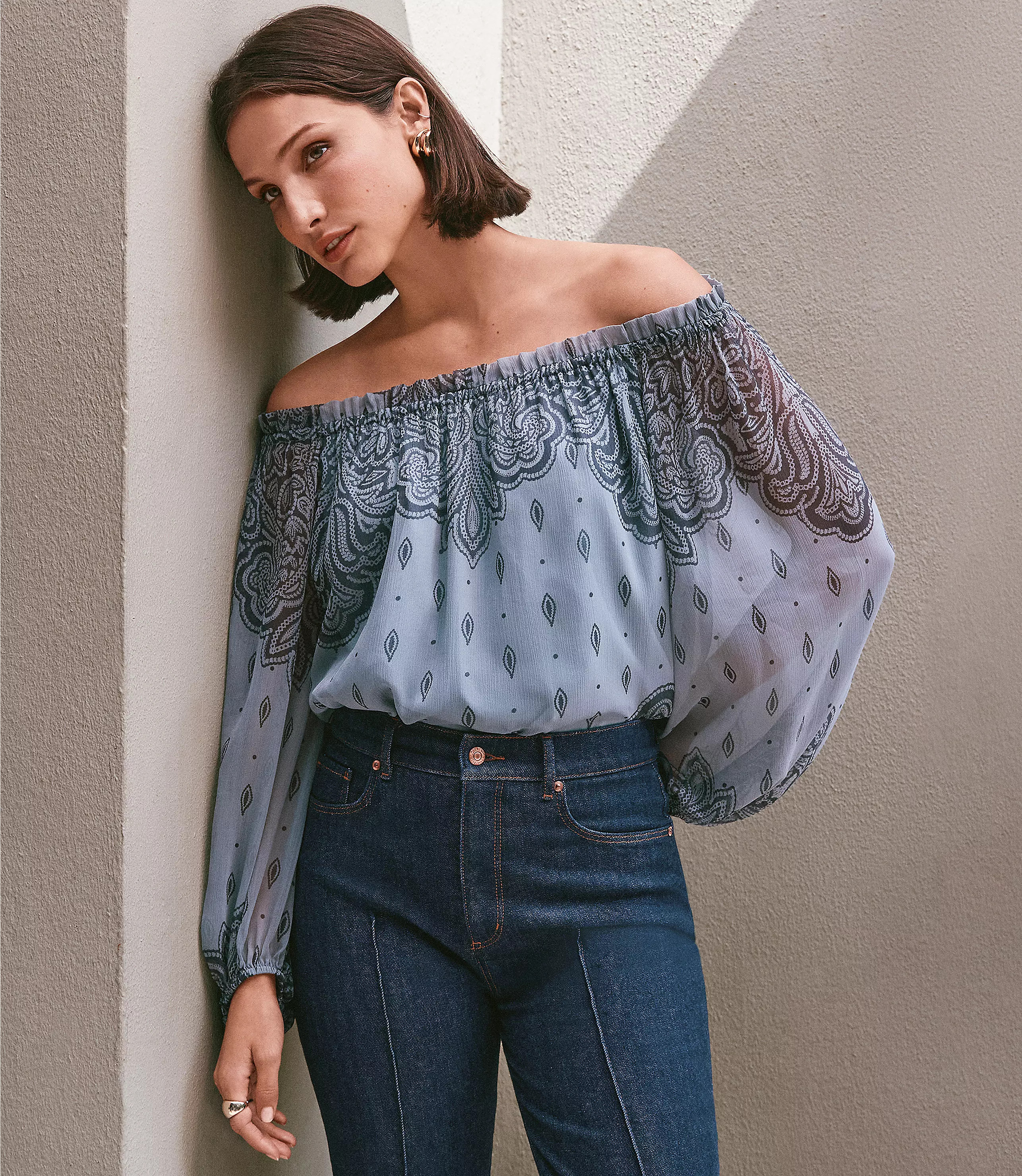 Paisley Ruffle Neck Tie Cuff Blouse | LOFT