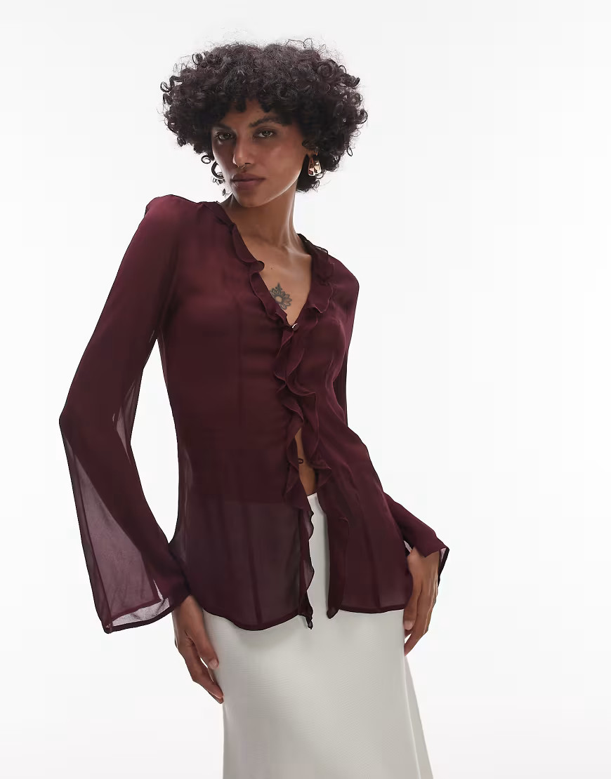 & Other Stories sheer chiffon blouse with ruffle tie front in burgundy-Red | ASOS (Global)