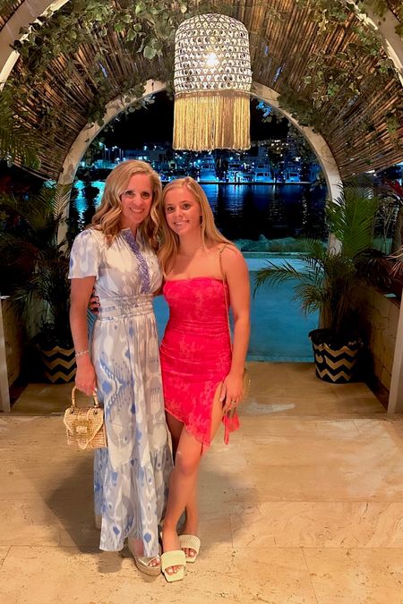 Dinner in Cabo 
Beach vacation style 
Sheridan French Ikat blue and white midi dress 
Princess Polly mesh strapless dress in pink and red floral 
all fit tts
Raffia bag 


#LTKstyletip #LTKitbag #LTKover40