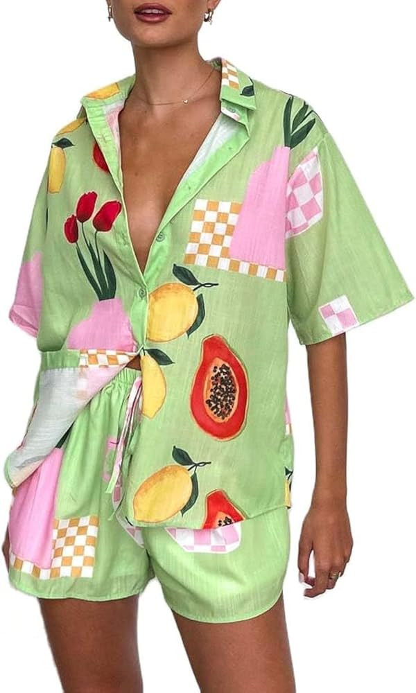 Womens Bow Front Tie Up Pajamas Two Piece Outfit Y2k Floral Martini Coquette Silk Satin Pjs Shirt... | Amazon (US)