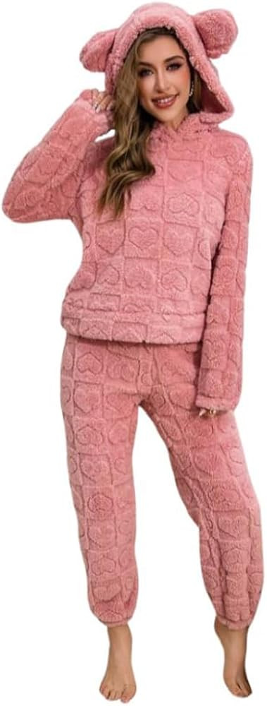 chouyatou Women's Fuzzy Fleece 2 Piece Lounge Pajama Sets Ultra Soft Cute Ear Hood Pullover Tops ... | Amazon (US)
