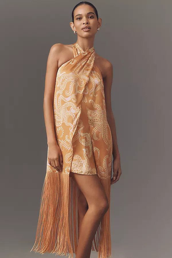 Farm Rio x Anthropologie Halter Fringe Satin Mini Dress | Anthropologie (US)