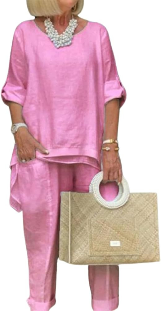 Women Linen 2 Piece Pants Suit for Women Dressy Cotton Linen Sets Outfits Long Sleeve Shirts Wide... | Amazon (US)