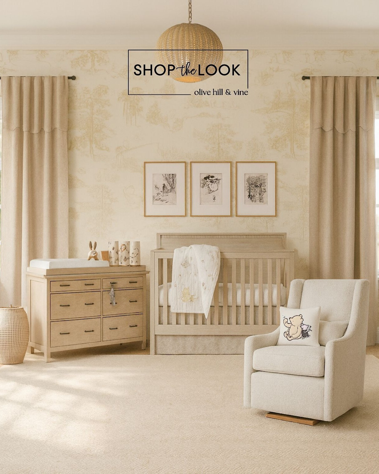 A timeless nursery that balances sophistication with Winnie the Pooh charm. Soft toile wallpaper, tailored linen, and vintage-inspired furniture pair with classic Pooh prints, a herringbone rug, and wood-bead light for an elegant, storybook haven. 

 

#LTKHome #LTKBaby #LTKBump