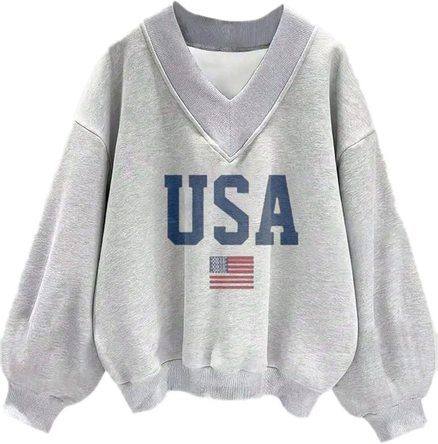 Avanova Women USA Graphic V Neck Sweatshirts Top Drop Shoulder Long Sleeve Pullover Shirt | Amazon (US)