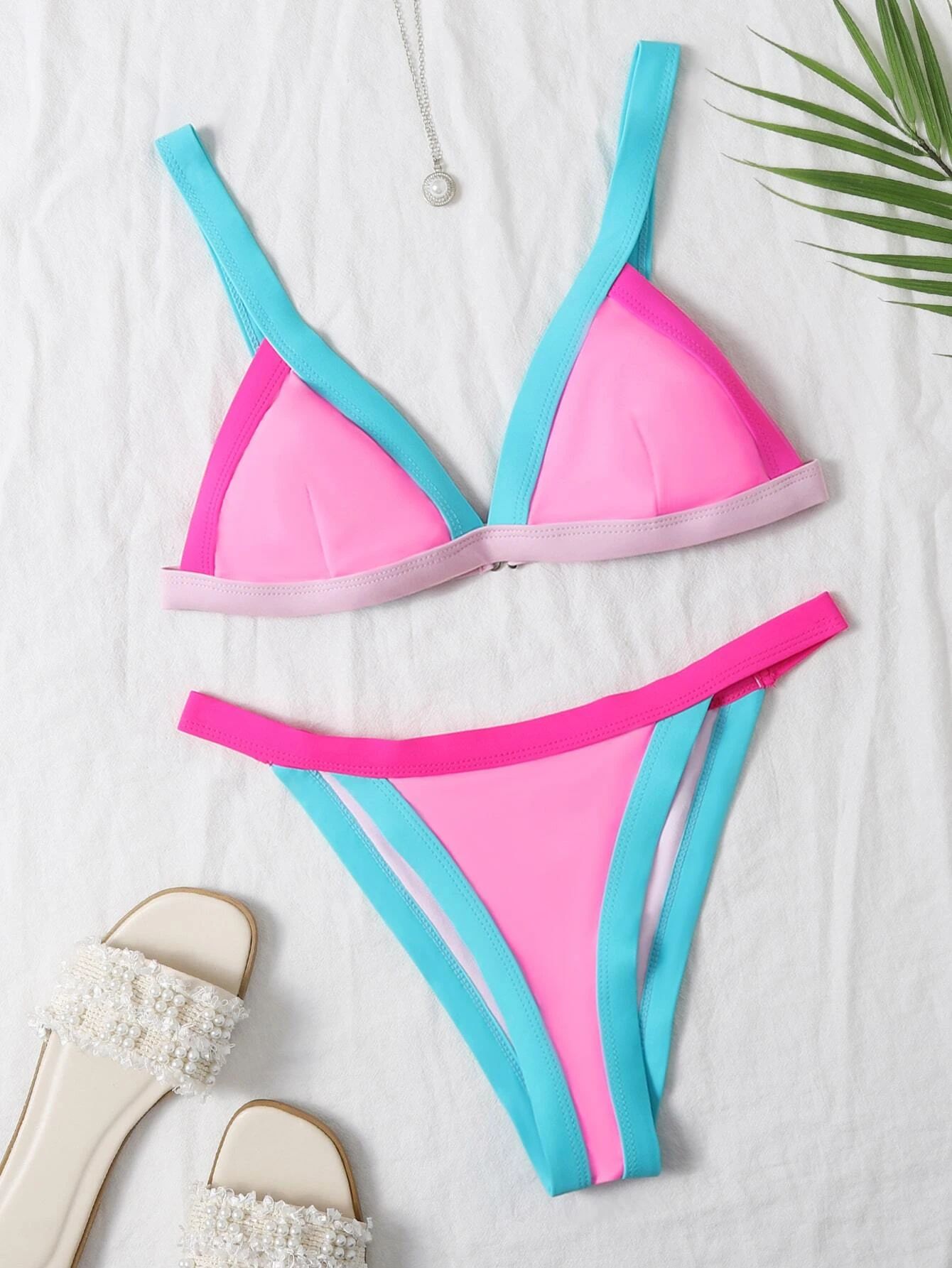 Contrast Binding Triangle Thong Bikini Swimsuit | SHEIN