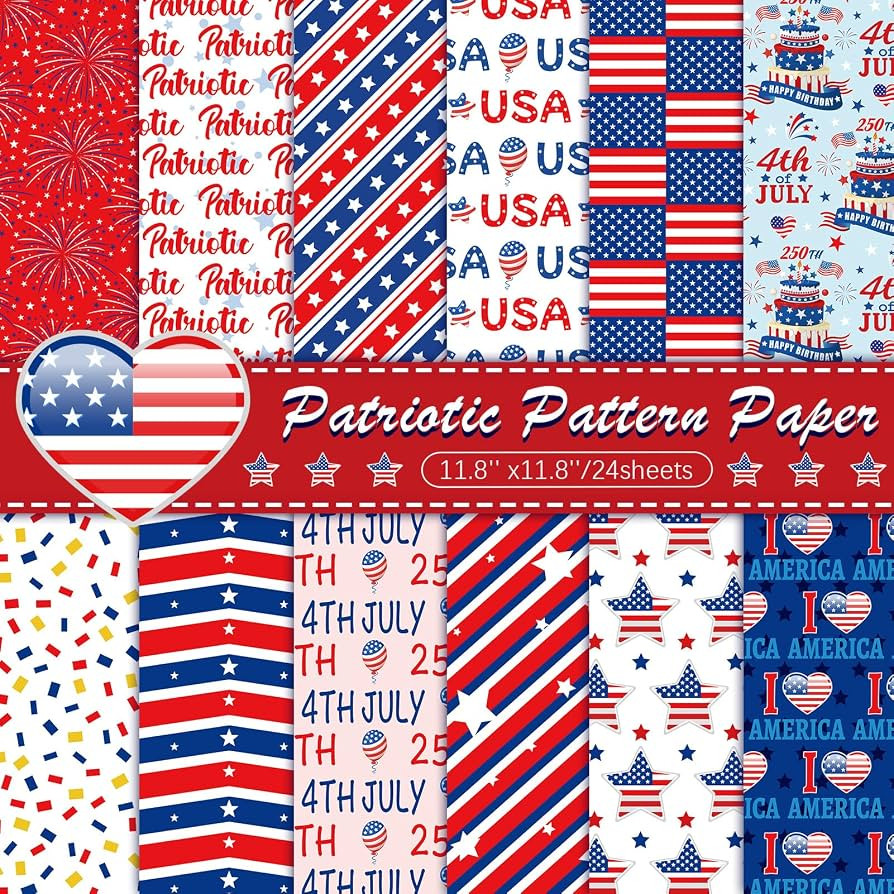 Konsait 24 Sheets Patriotic Double Sided Scrapbook Paper 12x12 Red White Blue 4th of July Pattern... | Amazon (US)