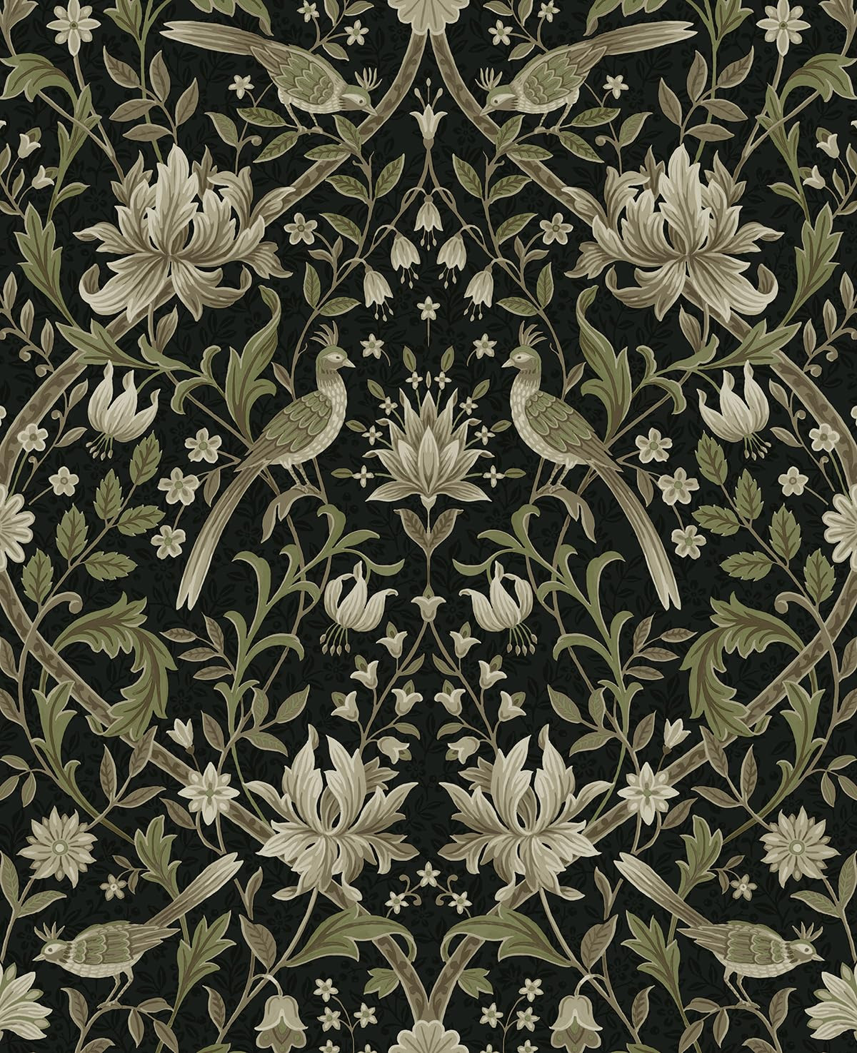 NextWall Vintage Bird Ogee Peel and Stick Wallpaper (Ebony & Rosemary, 20.5 in. W x 9 ft. L) | Amazon (US)