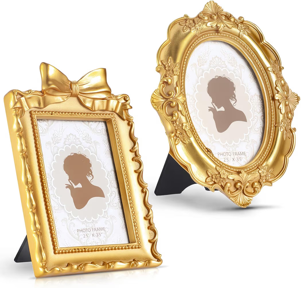 Qunclay 2 Pcs Vintage Photo Frames Antique Baroque Ornate Resin Rectangle Oval Picture Frames with Glass Front Tabletop and Wall Decor for Home Wedding(Gold,2.3 x 3.5 Inches) | Amazon (US)