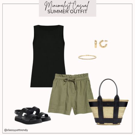 Minimalist casual summer outfit

Black tank top
 Olive shorts
Black strap sandals
Raffia straw tote