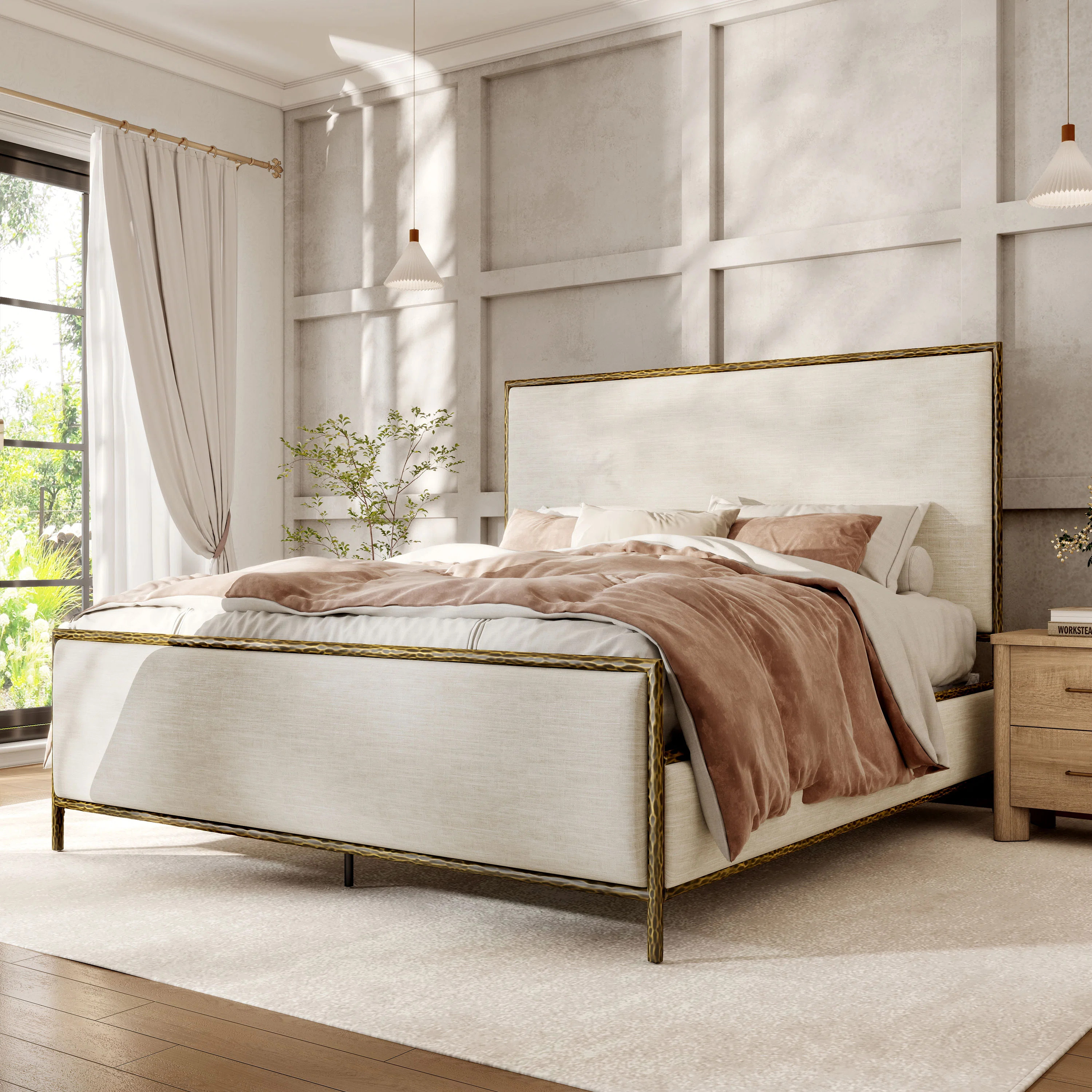 24/7 Shop At Home Lalia Modern Beige Upholstered Hammered Metal Panel Bed | Wayfair | Wayfair North America