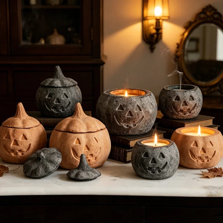 QLUEWX Terracotta-Effect Pumpkin Lantern Candle, Halloween Resin Carved Pumpkin Candle with Stem ... | Walmart (US)