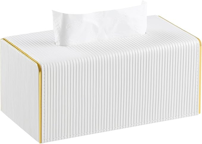 Tissue Box Cover Rectangle, PU Leather Tissue Holder with Magnetic Closure and Gold Trim for Bath... | Amazon (US)