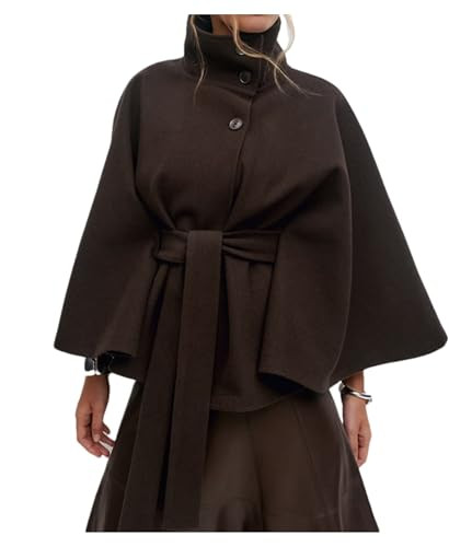 OPCAKM Women's Batwing Sleeve Poncho Coat Oversized Winter Pea Coat Stand Collar Cropped Cape Jacket with Belt(Brown-M) | Amazon (US)