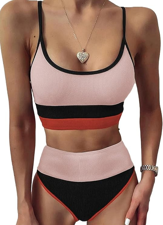 Sidefeel Women Striped Color Block Knit Ribbed High Waist Bikini Set 2 Piece Swimsuits | Amazon (US)