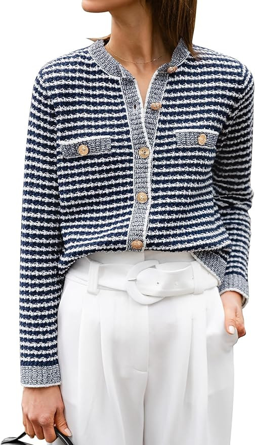 ANRABESS Women's Striped Cardigan Sweaters Casual Long Sleeve Open Front Button Down Knit Cropped... | Amazon (US)