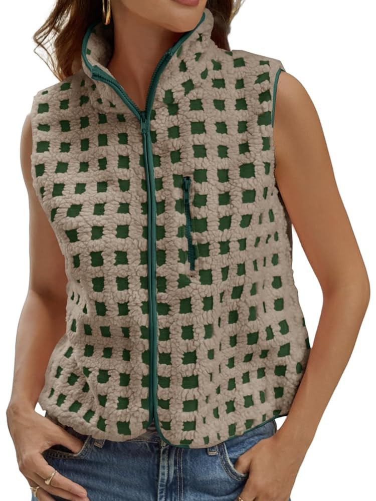 Tankaneo Womens Checkered Sherpa Vest Fleece Fuzzy Zip Up Sleeveless Jacket Casual 2025 Winter Wa... | Amazon (US)
