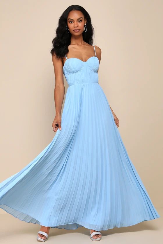 Admirable Elegance Light Blue Pleated Bustier Maxi Dress | Blue Bridesmaid Dress | Spring Wedding  | Lulus