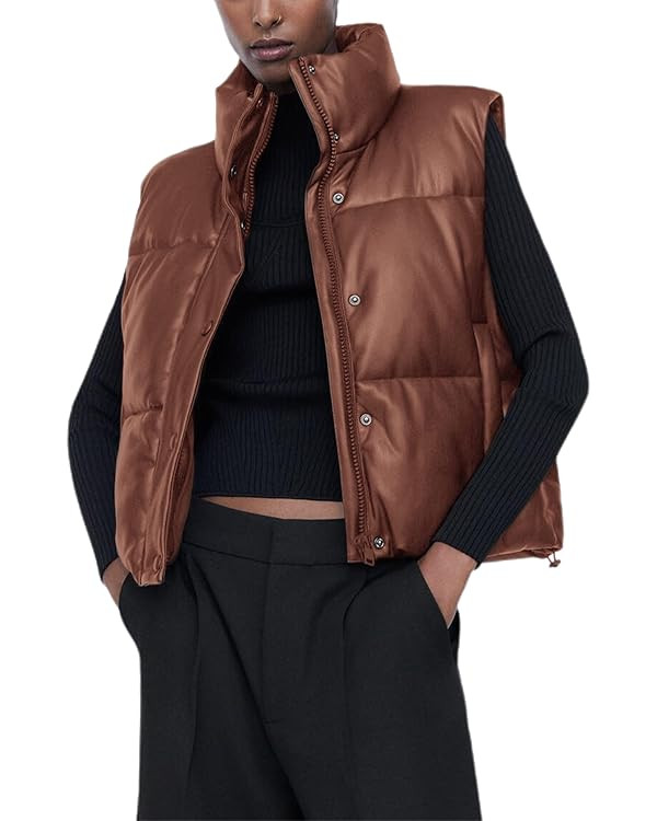 Ailoqing Womens Faux Leather Puffer Vest Zip Up Sleeveless Winter Cropped Jacket | Amazon (US)