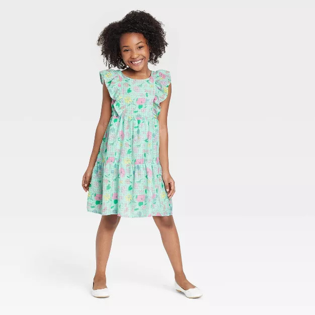 Girls' Floral Tiered Flutter Sleeve Woven Dress - Cat & Jack™ Mint | Target