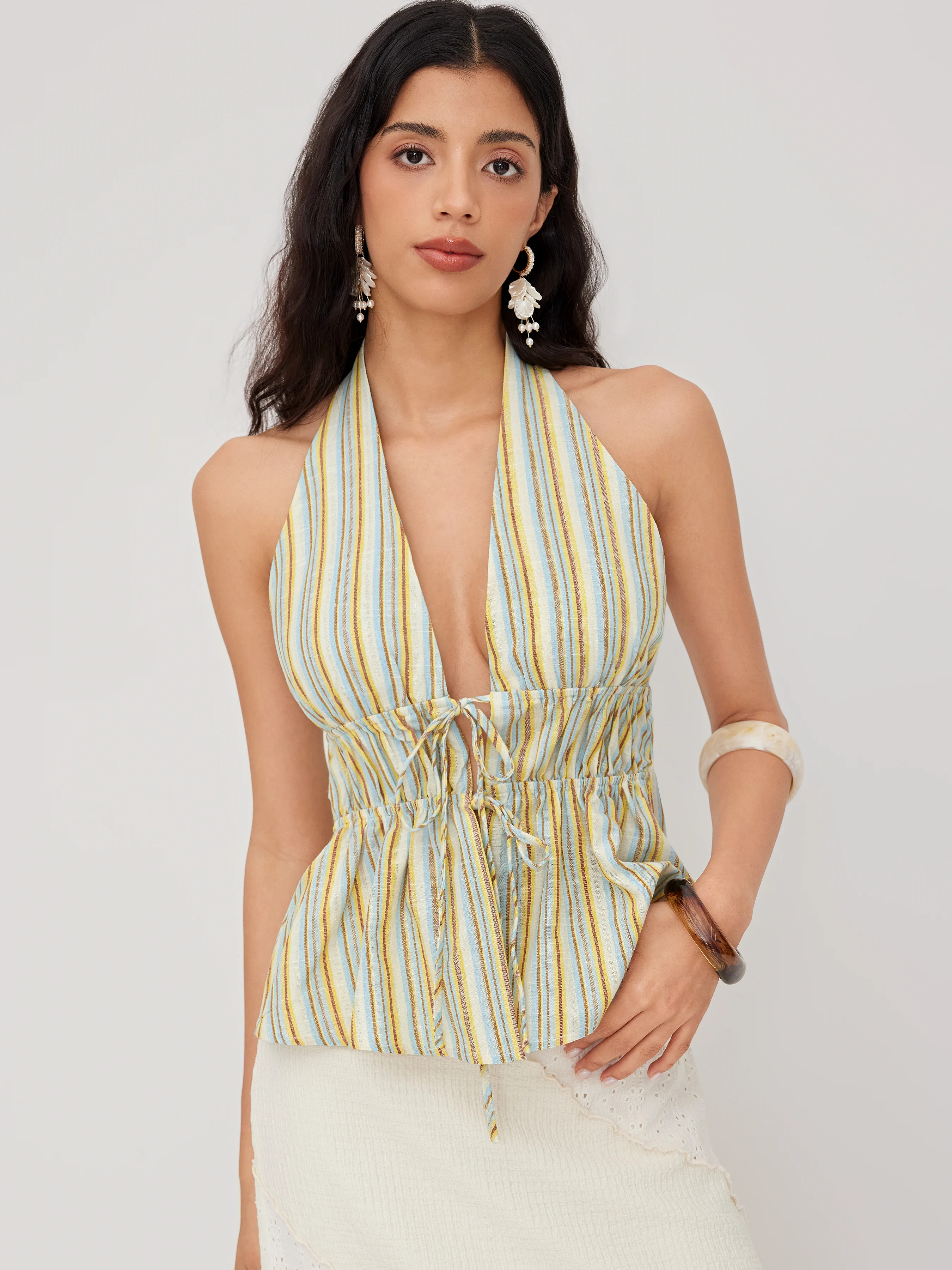 Woven Cotton-blend Halter Neckline Stripe Shirred Tie Front Tank Top For Vacation | Cider